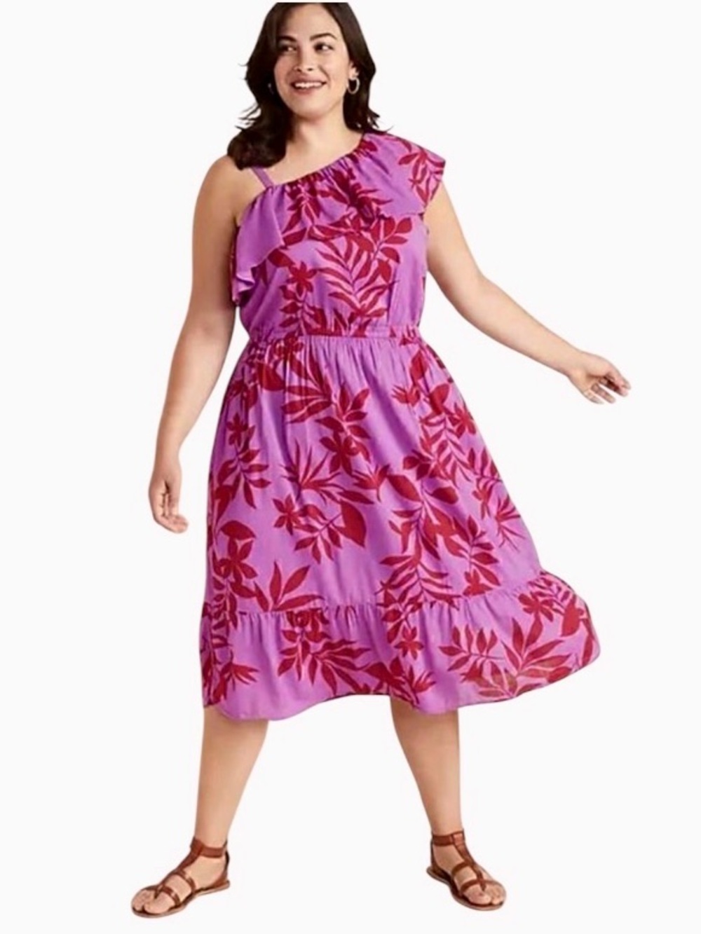 NWT Old Navy Pink Tropical Floral One Shoulder Ruffle Flounce Hem Midi Dress M